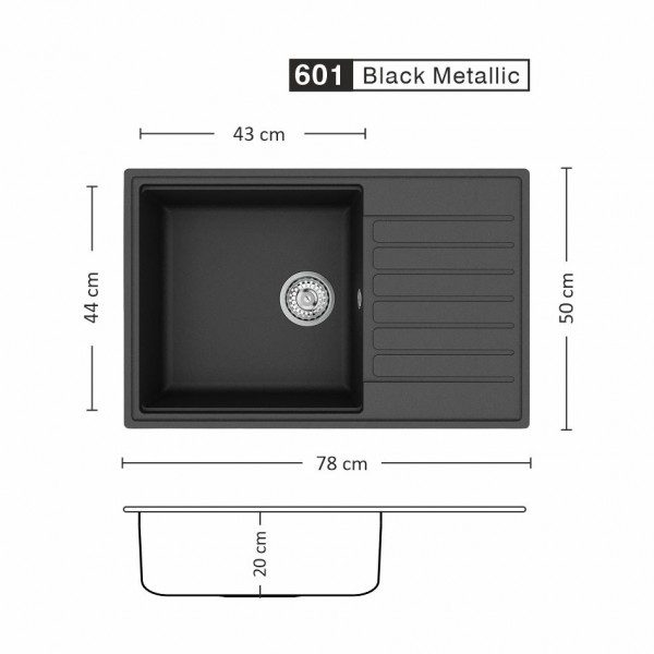 Кухненска мивка Fiora 78 см с едно корито и отцедник Black Metallic