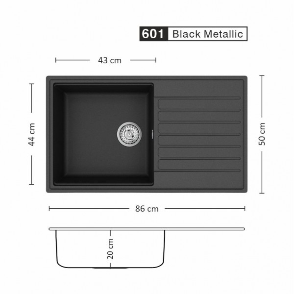 Кухненска мивка Fiora 86 см с едно корито и отцедник Black Metallic